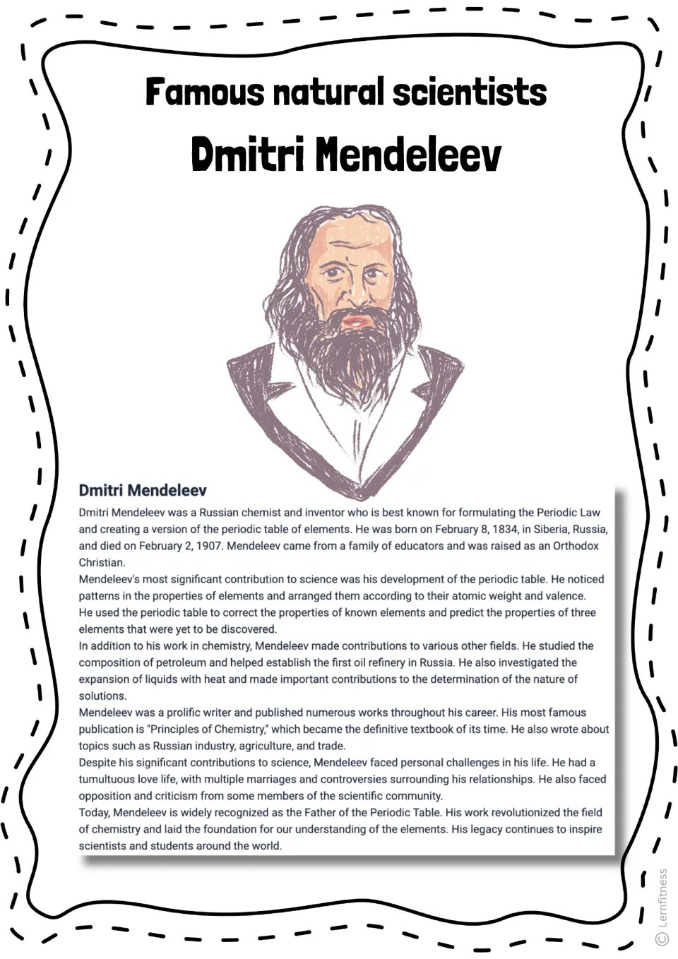 Mendeleev biography reading about the periodic table, element predictions, and his life, with a color portrait