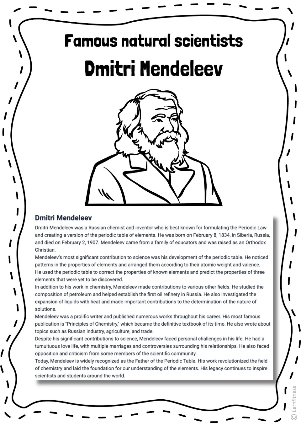 Mendeleev biography reading about the periodic table, element predictions, and his life, with an outline portrait