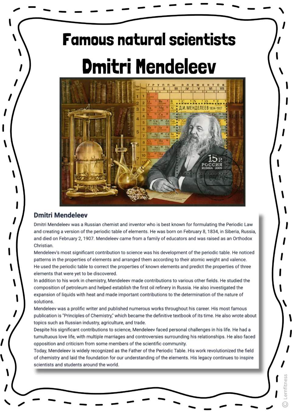 Mendeleev biography reading about his life and periodic table research, illustrated with a Russian stamp