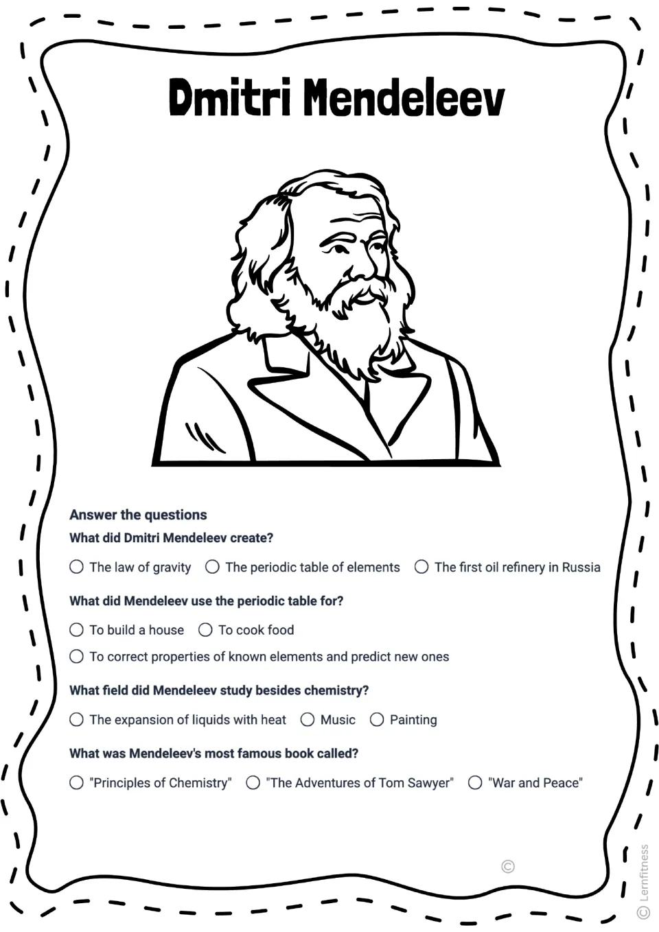 Four-question Mendeleev quiz on the periodic table, predicting elements, liquid expansion, and his famous book