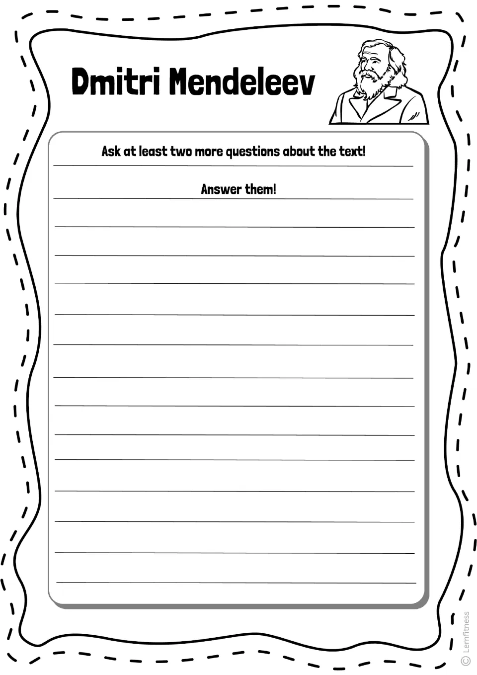 Mendeleev reading extension asking students to write at least two more questions about the text and answer them