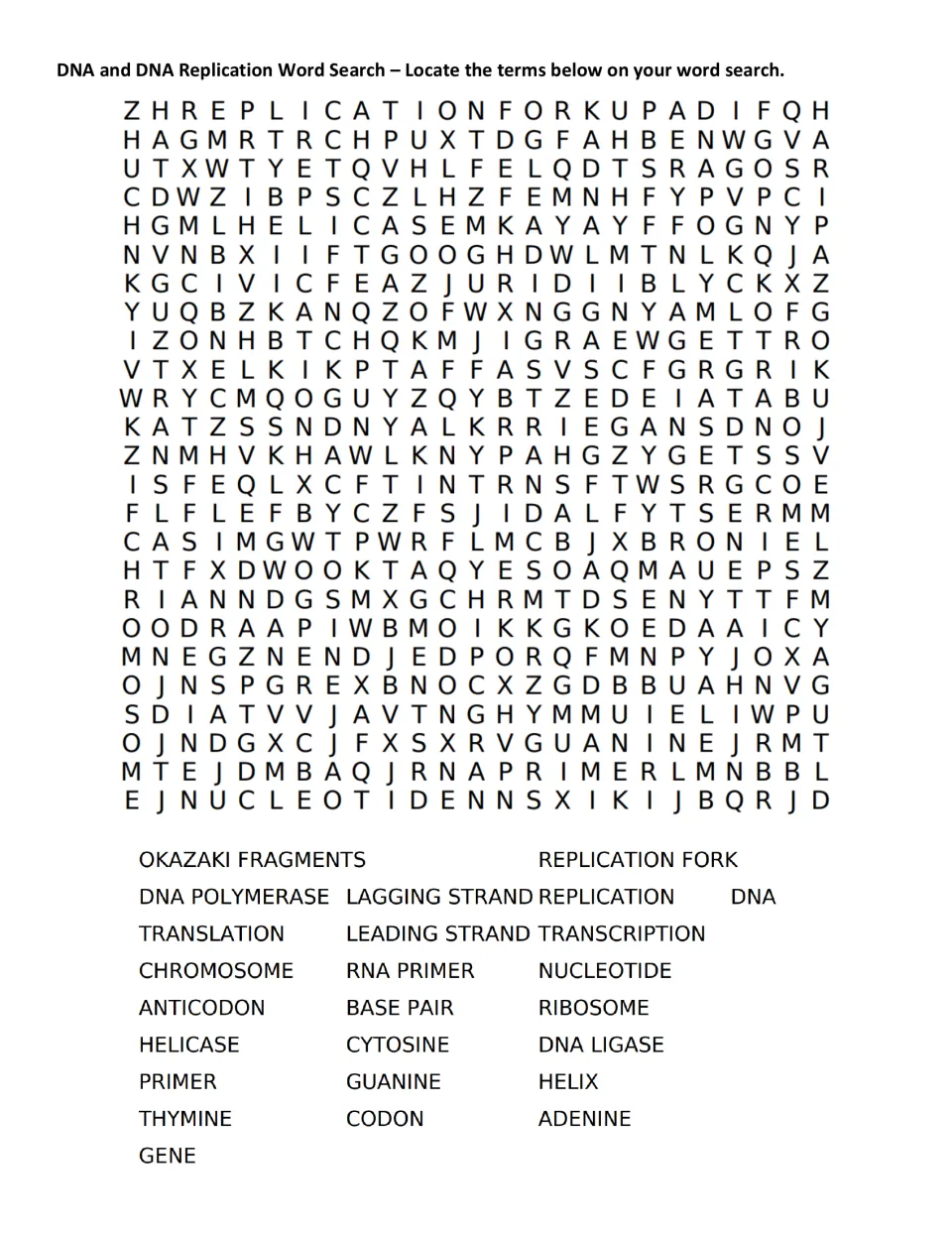 DNA replication word search: students find 25 hidden terms such as Okazaki fragments, helicase, codon and DNA ligase