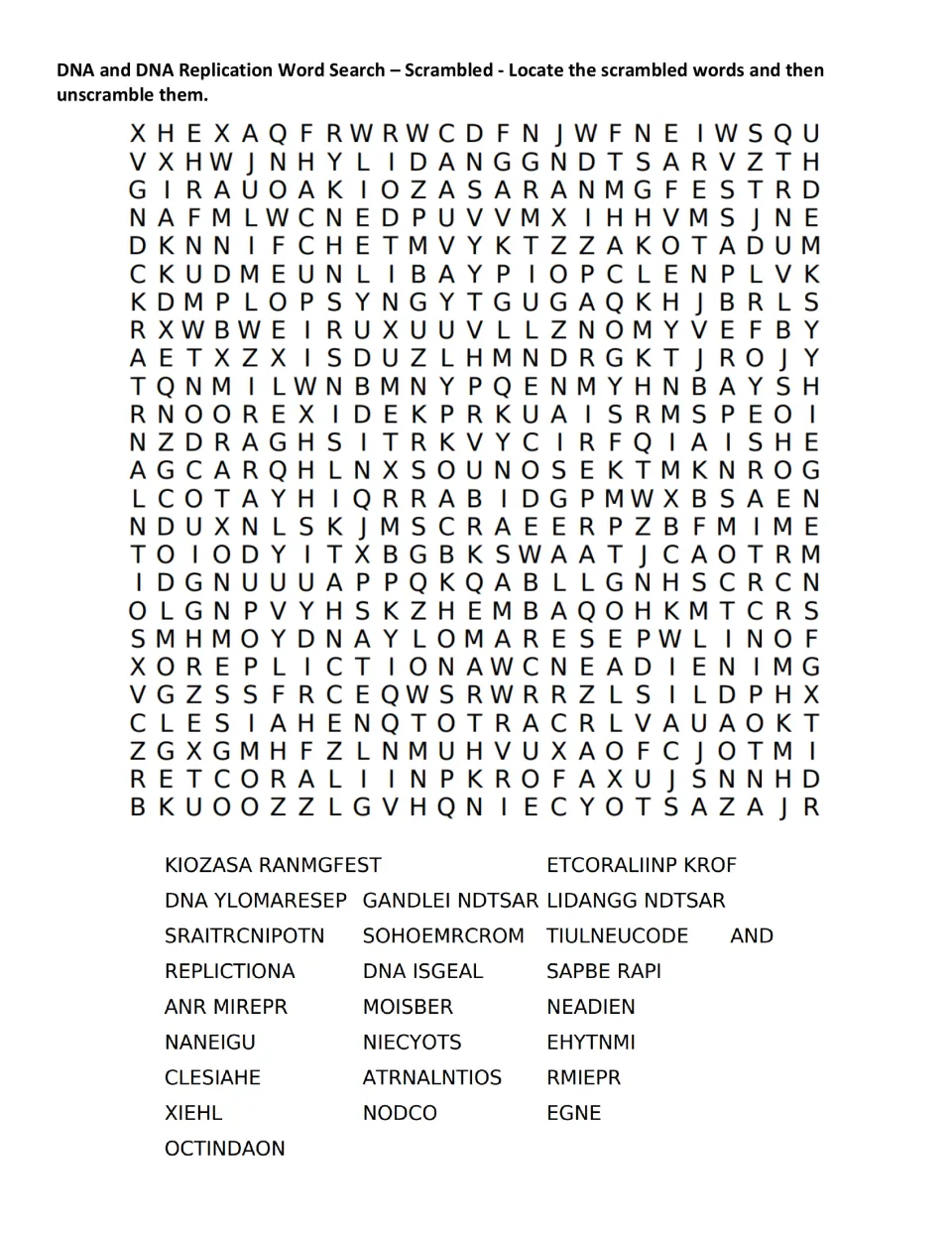 Scrambled DNA word search: students locate jumbled terms like KIOZASA RANMGFEST in the puzzle, then unscramble each one