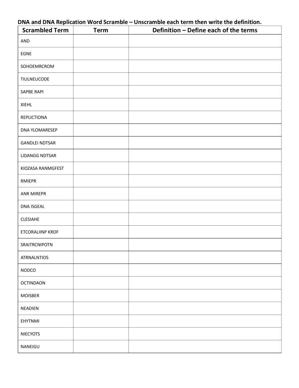 DNA word scramble with definitions: students unscramble 25 terms like DNA ISGEAL, then write the term and define it