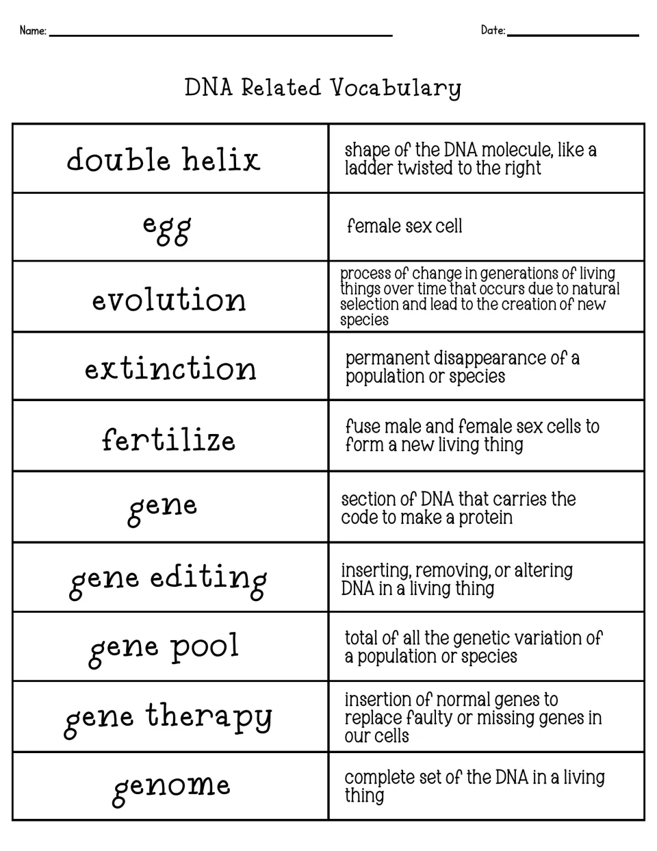 Vocabulary definitions for double helix, egg, evolution, extinction, fertilize, gene, gene editing, gene pool and genome