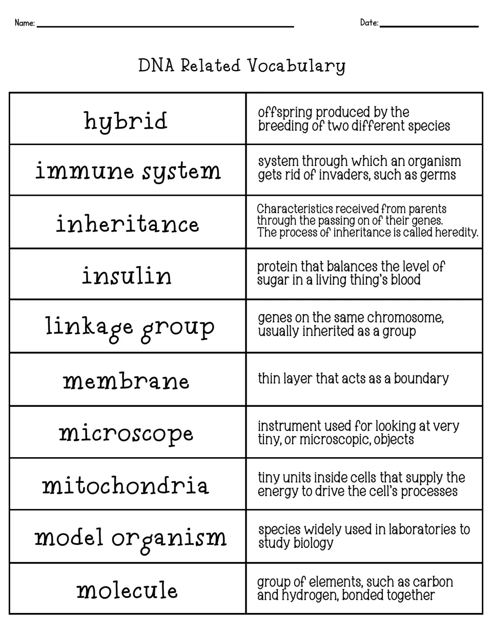 Term list defining hybrid, immune system, inheritance, insulin, linkage group, membrane, mitochondria and molecule