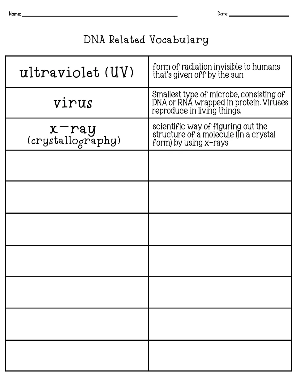 Final vocabulary page defining ultraviolet (UV), virus and x-ray crystallography, then space to add more terms