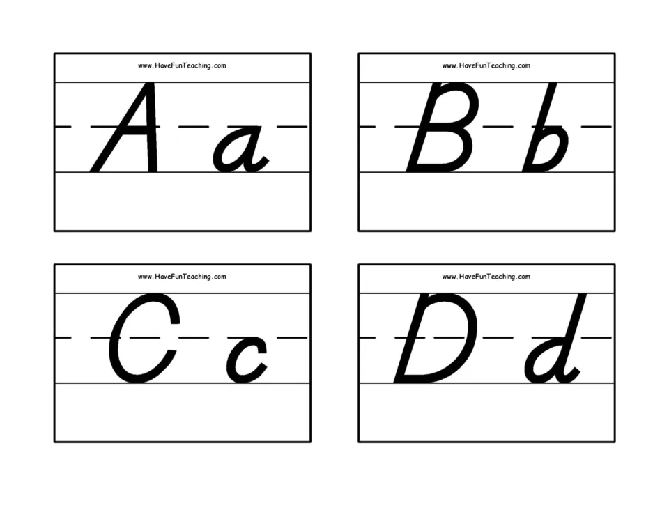 D'Nealian letter formation for A, B, C and D: four flash cards show each capital and lowercase pair to trace or name