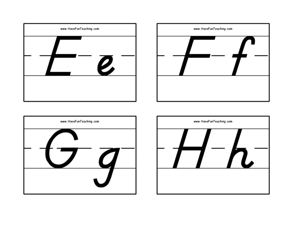 D'Nealian letter formation for E, F, G and H: four flash cards pair each capital with its lowercase for letter practice