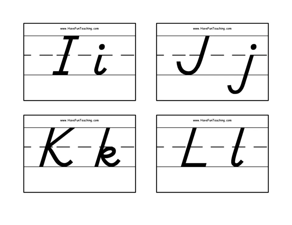 D'Nealian letter formation for I, J, K and L: four flash cards show capital and lowercase pairs students name and write