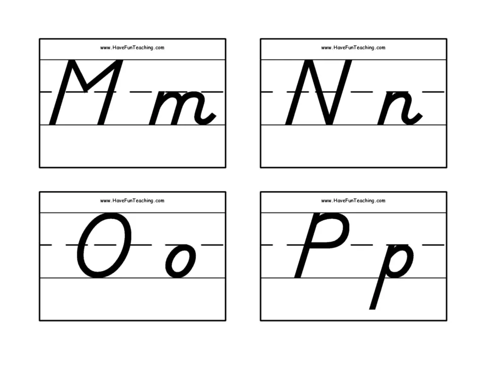 D'Nealian letter formation for M, N, O and P: four flash cards pair capitals with lowercase letters for naming and tracing