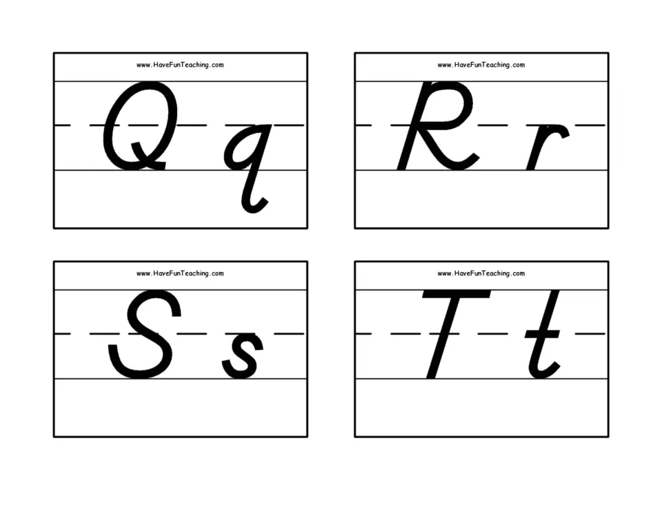 D'Nealian letter formation for Q, R, S and T: four flash cards show each capital with its lowercase for letter review