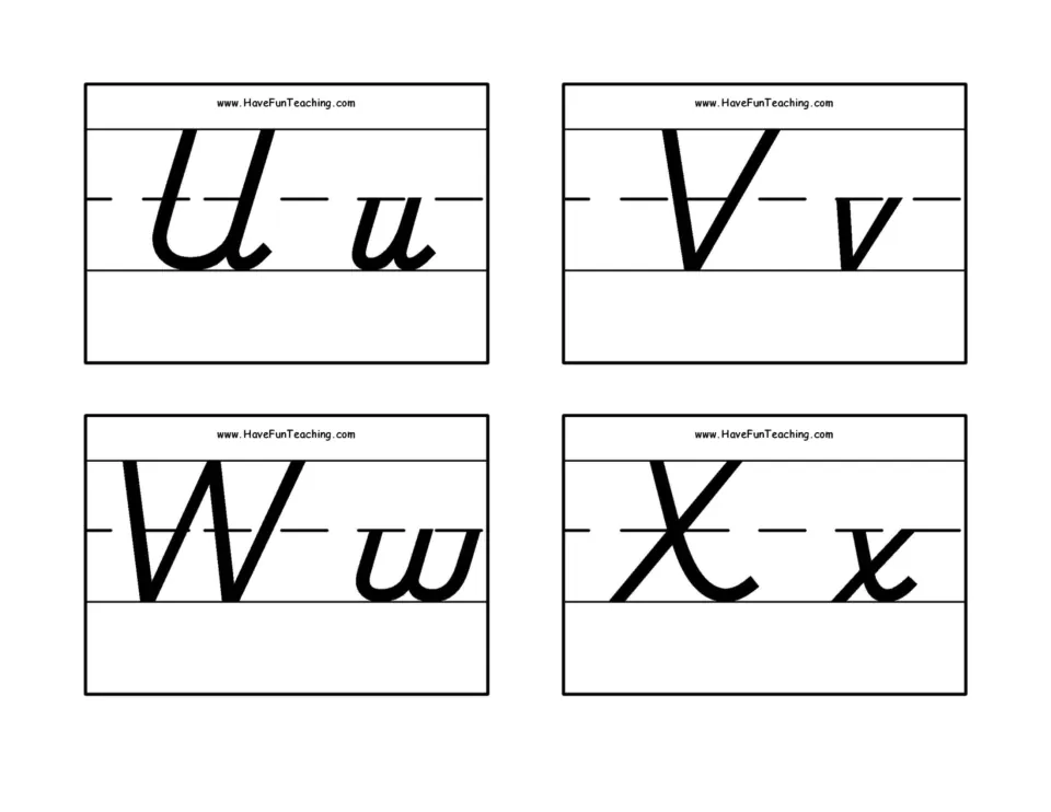 D'Nealian letter formation for U, V, W and X: four flash cards pair each capital with lowercase for naming and writing