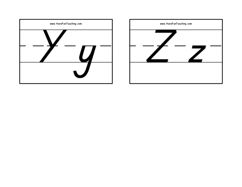 D'Nealian letter formation for Y and Z: the last two flash cards pair capitals with lowercase to complete the alphabet
