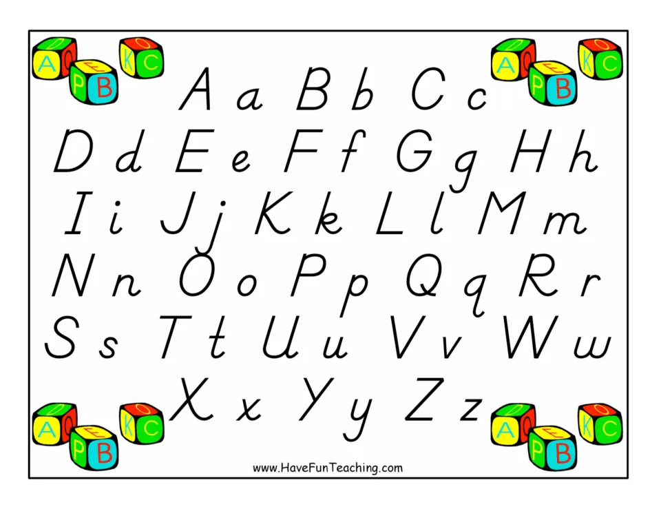 Alphabet reference poster showing all 26 uppercase and lowercase pairs, A a through Z z, in D'Nealian print.