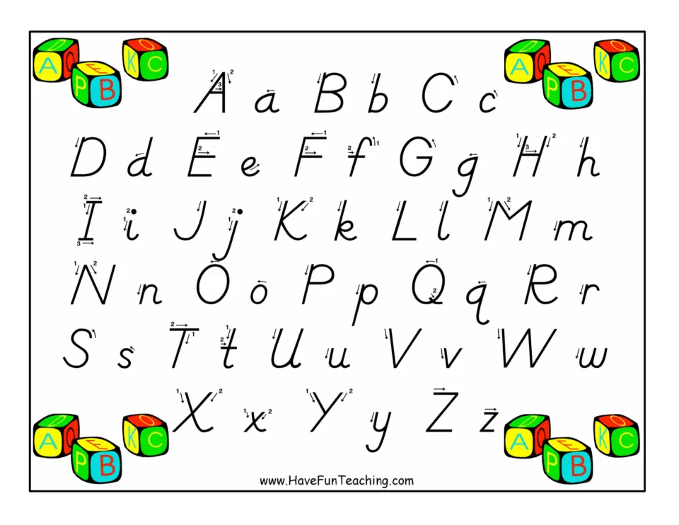 Alphabet formation poster showing A a through Z z in D'Nealian print, with stroke arrows and numbers.