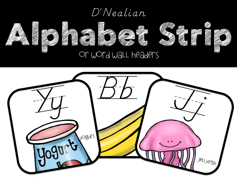 Cover of D'Nealian Print Alphabet Strip Posters, showing sample Yy yogurt, Bb banana, and Jj jellyfish cards