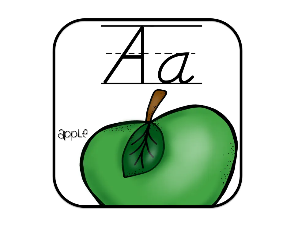 Alphabet poster for short A, showing uppercase A and lowercase a with a green apple labeled 'apple'