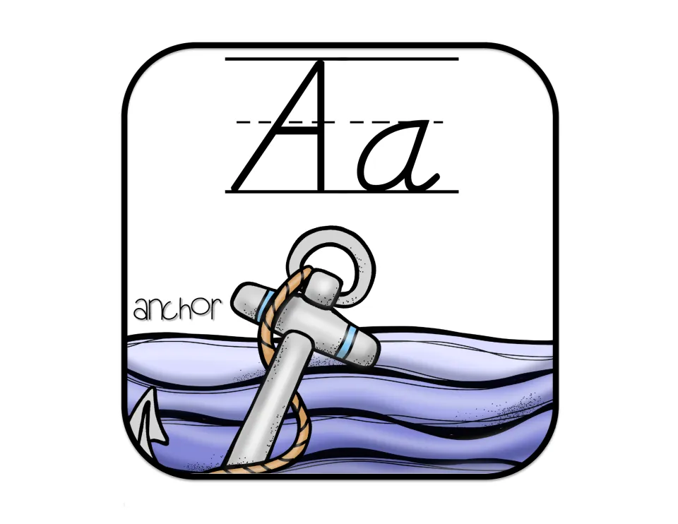 Alphabet poster for long A, showing uppercase A and lowercase a with an anchor in water labeled 'anchor'