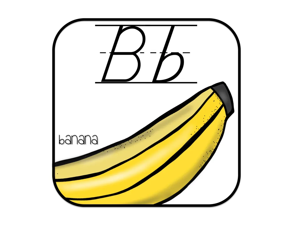 Alphabet poster for B, showing D'Nealian uppercase B and lowercase b with a yellow banana labeled 'banana'