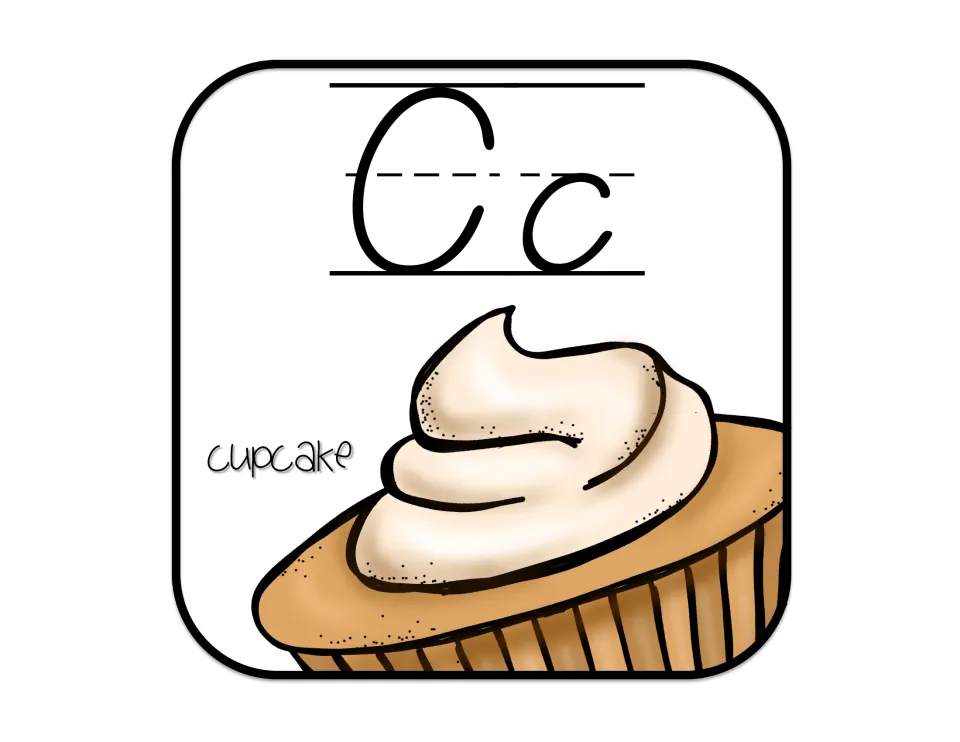 Alphabet poster for C, showing D'Nealian uppercase C and lowercase c with a frosted cupcake labeled 'cupcake'