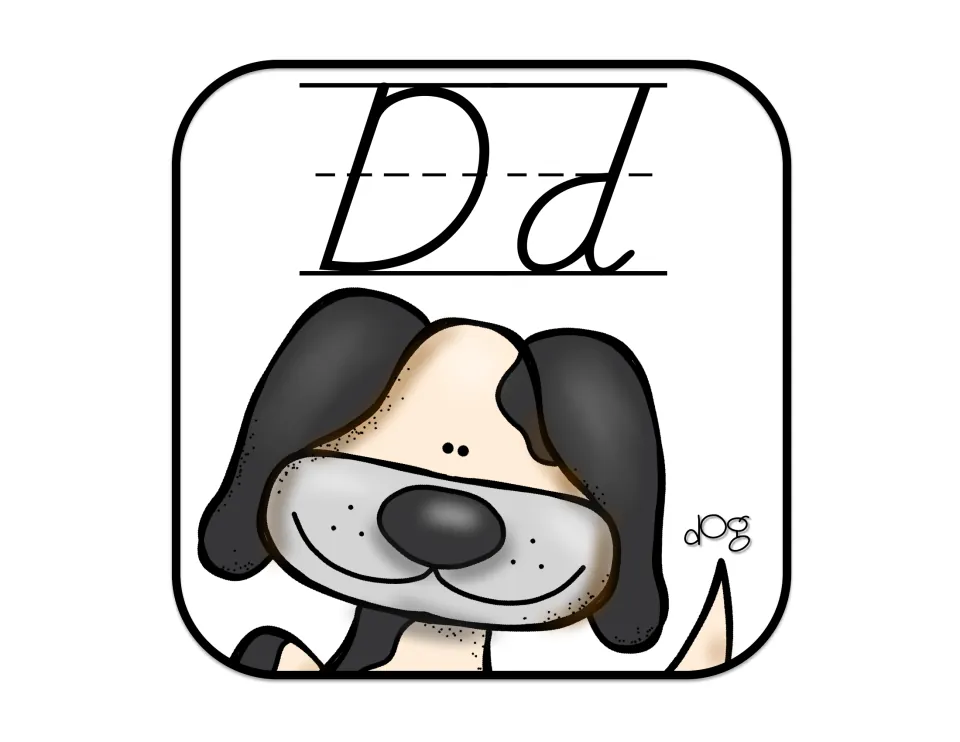 Alphabet poster for D, showing D'Nealian uppercase D and lowercase d with an illustrated dog labeled 'dog'
