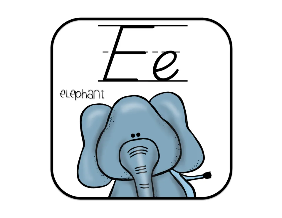 Alphabet poster for short E, showing uppercase E and lowercase e with a blue elephant labeled 'elephant'