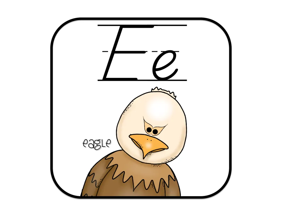 Alphabet poster for long E, showing uppercase E and lowercase e with an illustrated eagle labeled 'eagle'