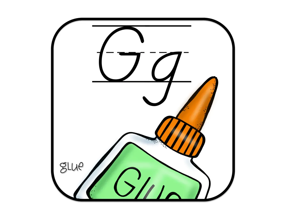 Alphabet poster for G, showing D'Nealian uppercase G and lowercase g with a bottle of glue labeled 'glue'