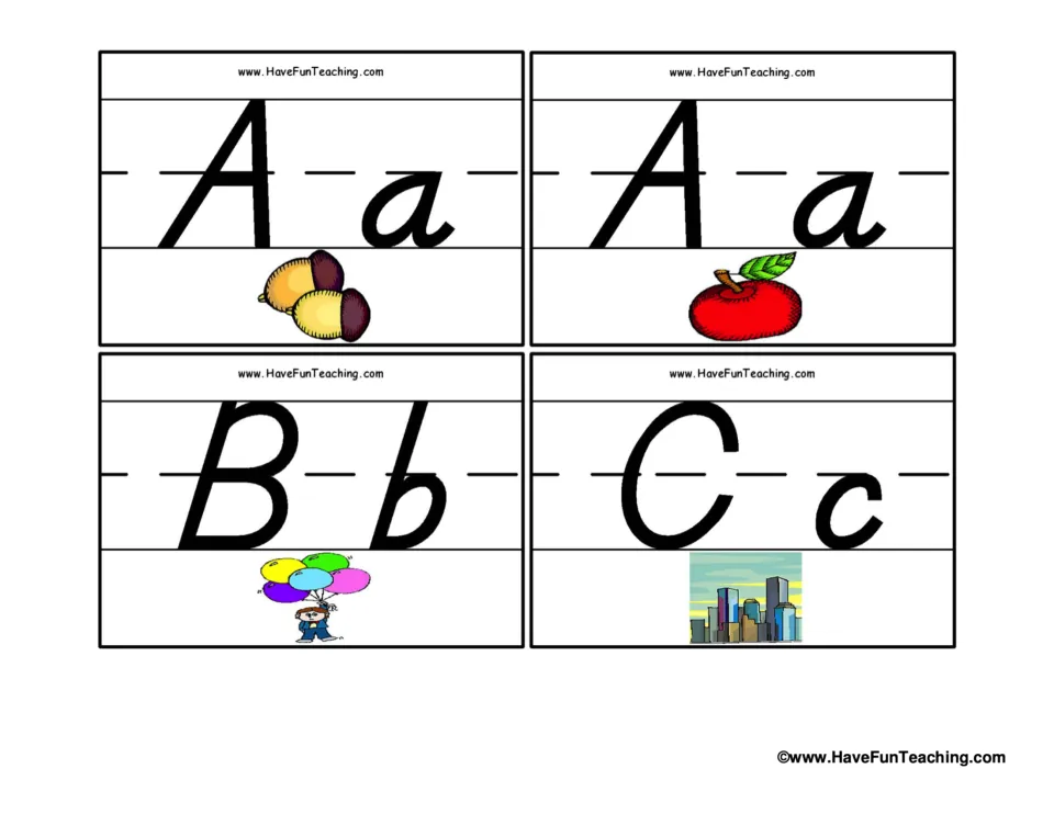 Alphabet flashcards 1–4: uppercase and lowercase A with acorns, A with an apple, B with balloons, and C with a city