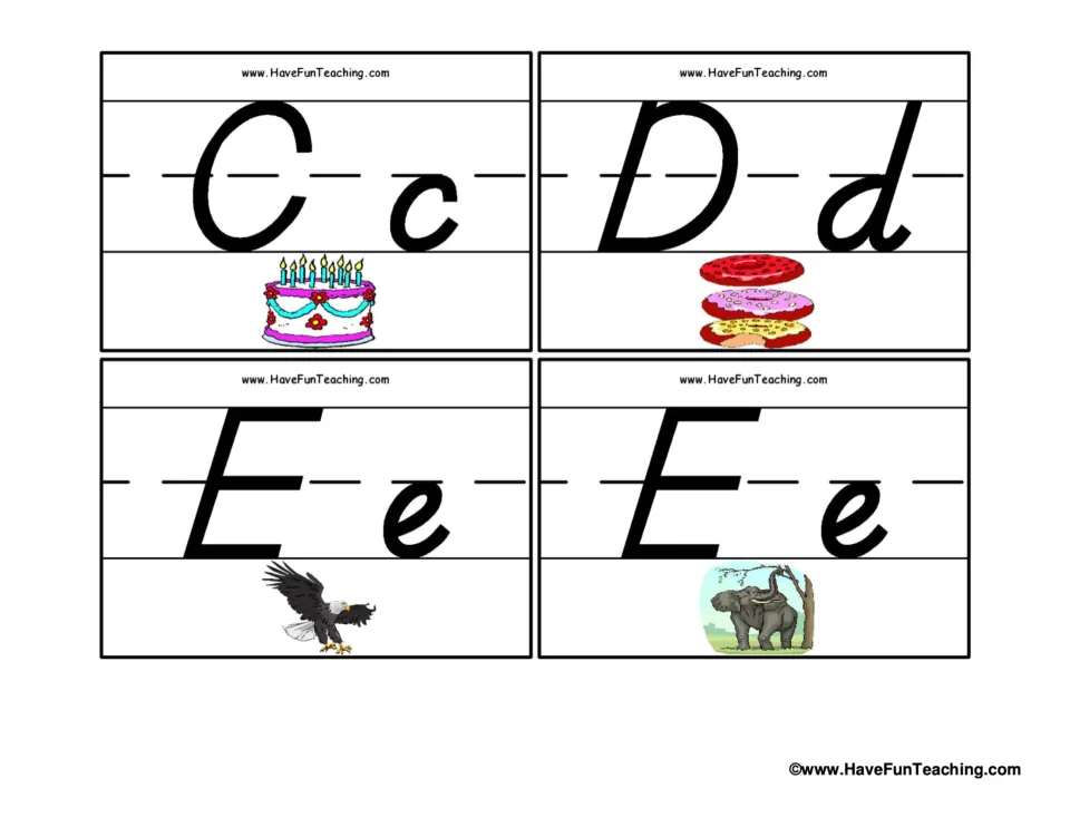 Alphabet flashcards 5–8: uppercase and lowercase C with cake, D with doughnuts, E with an eagle and an elephant