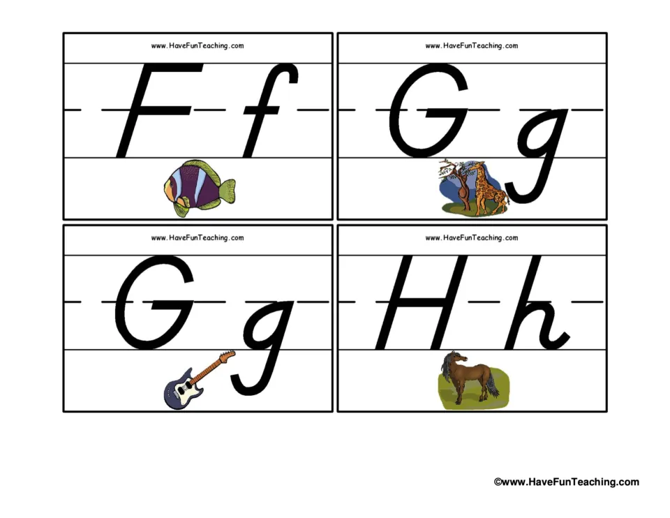 Alphabet flashcards 9–12: uppercase and lowercase F with a fish, G with giraffes, G with a guitar, and H with a horse