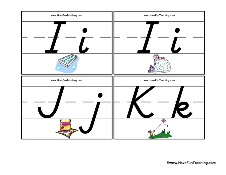 Alphabet flashcards 13–16: uppercase and lowercase I with ice, I with an igloo, J with jam, and K with a kite
