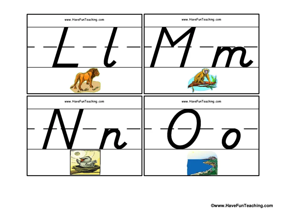 Alphabet flashcards 17–20: uppercase and lowercase L with a lion, M with a monkey, N with a nest, and O with an ocean
