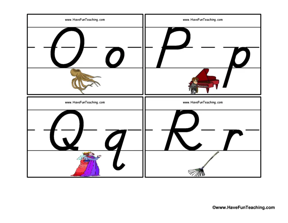 Alphabet flashcards 21–24: uppercase and lowercase O with an octopus, P with a piano, Q with a queen, R with a rake