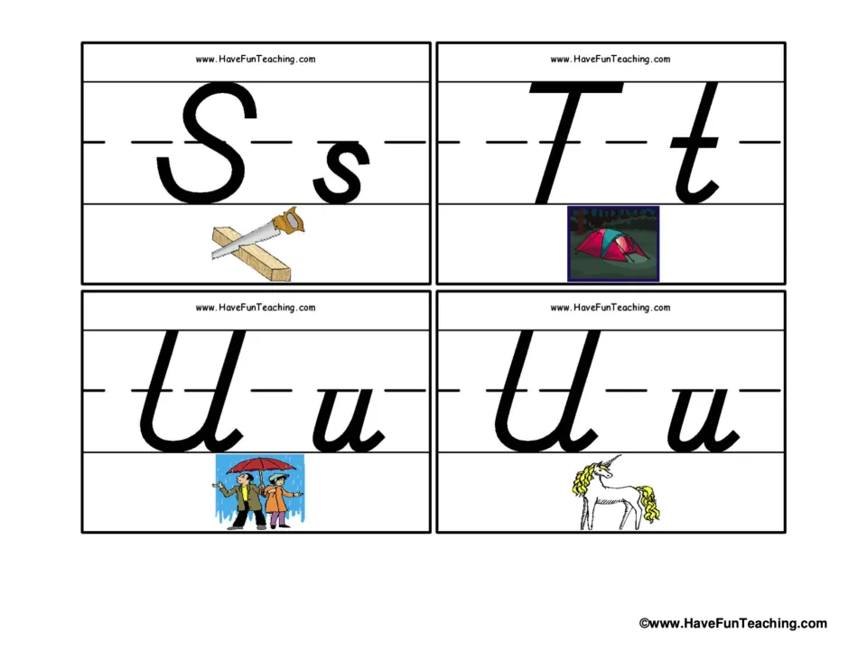 Alphabet flashcards 25–28: uppercase and lowercase S with a saw, T with a tent, U with an umbrella and a unicorn