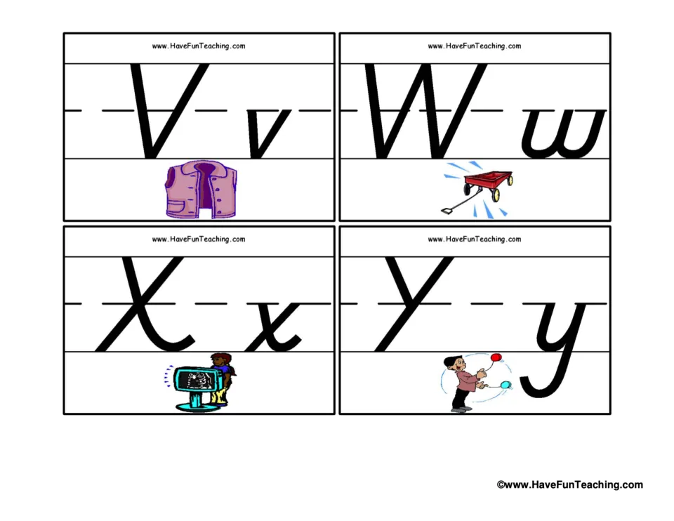 Alphabet flashcards 29–32: uppercase and lowercase V with a vest, W with a wagon, X with an X-ray, Y with yo-yos