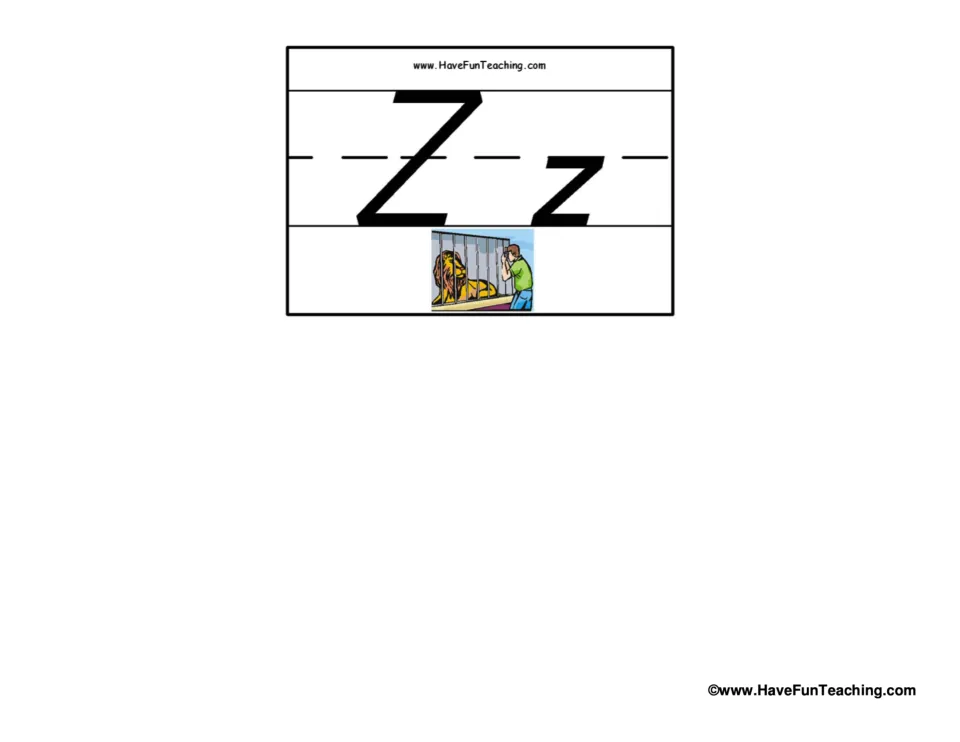 Final alphabet flashcard 33: uppercase Z and lowercase z paired with a zoo picture showing a lion and a visitor
