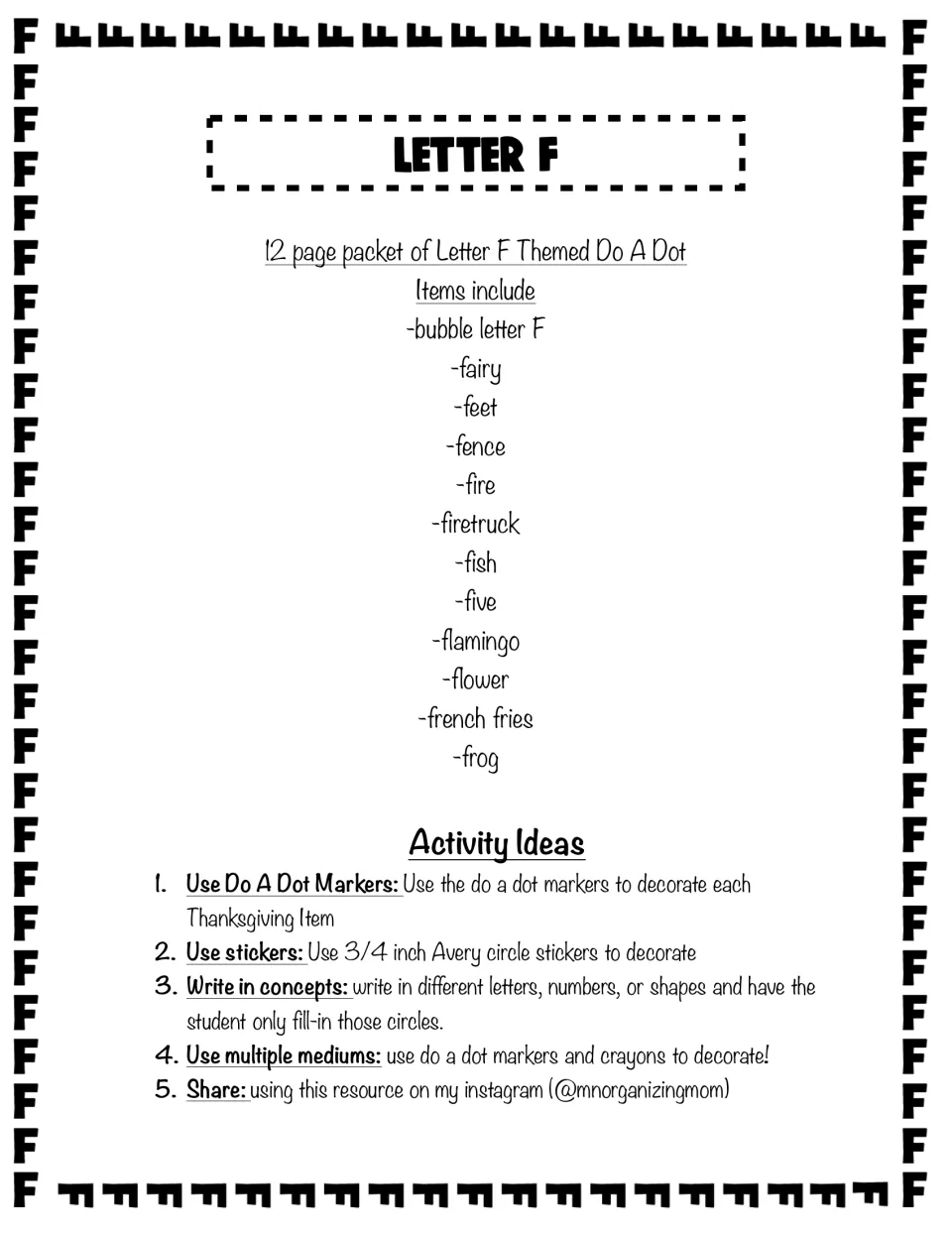 Letter F dot art packet overview listing 12 items from fairy to frog, plus five ideas such as markers, stickers and crayons