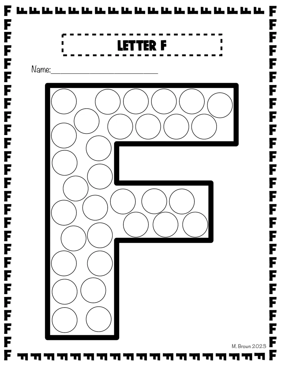 Bubble letter F filled with dot targets: students stamp a dot marker in each circle to trace the shape of the capital F
