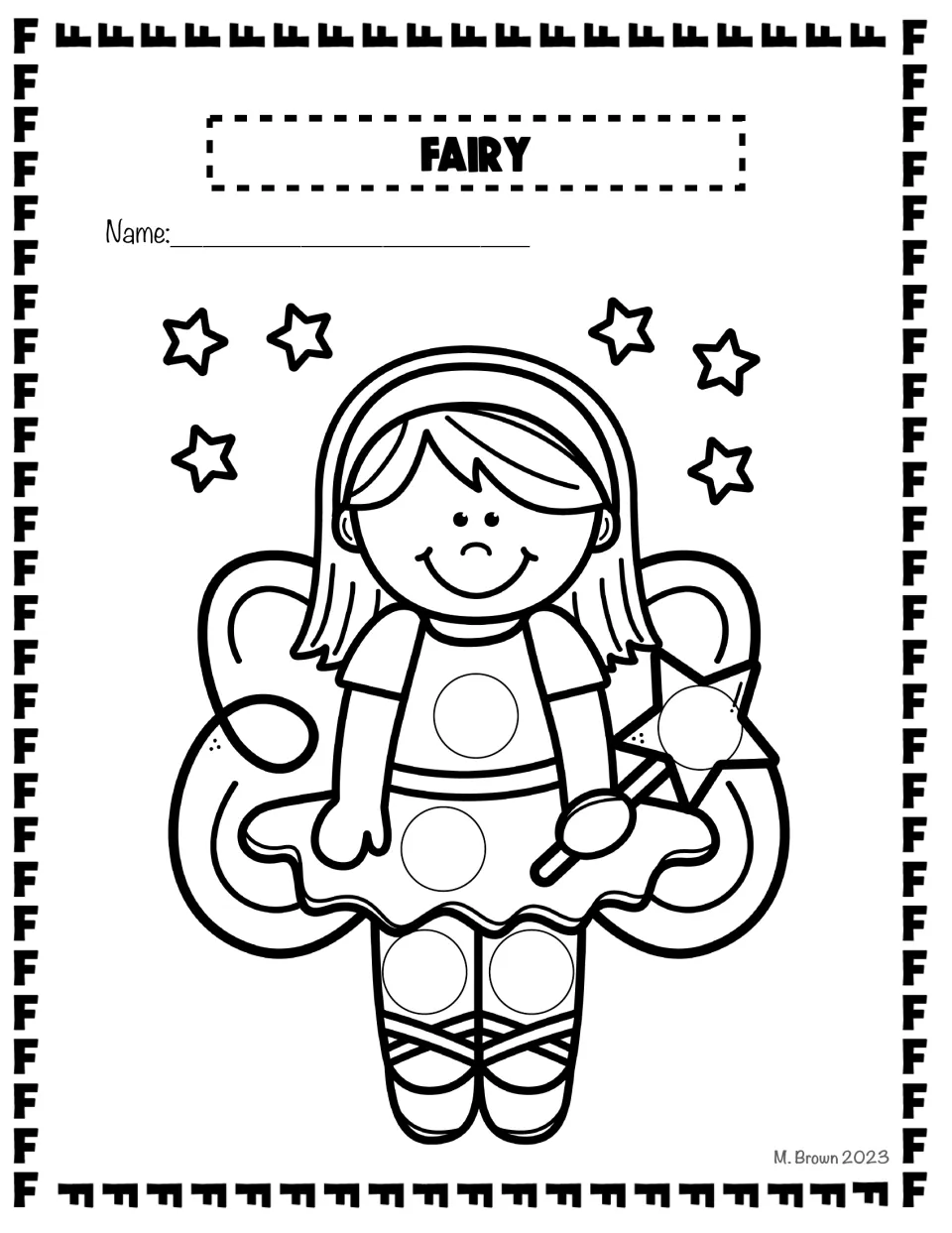 Fairy dot page: students dab dots on the circles on a smiling fairy's shirt, skirt, legs and star wand, surrounded by stars
