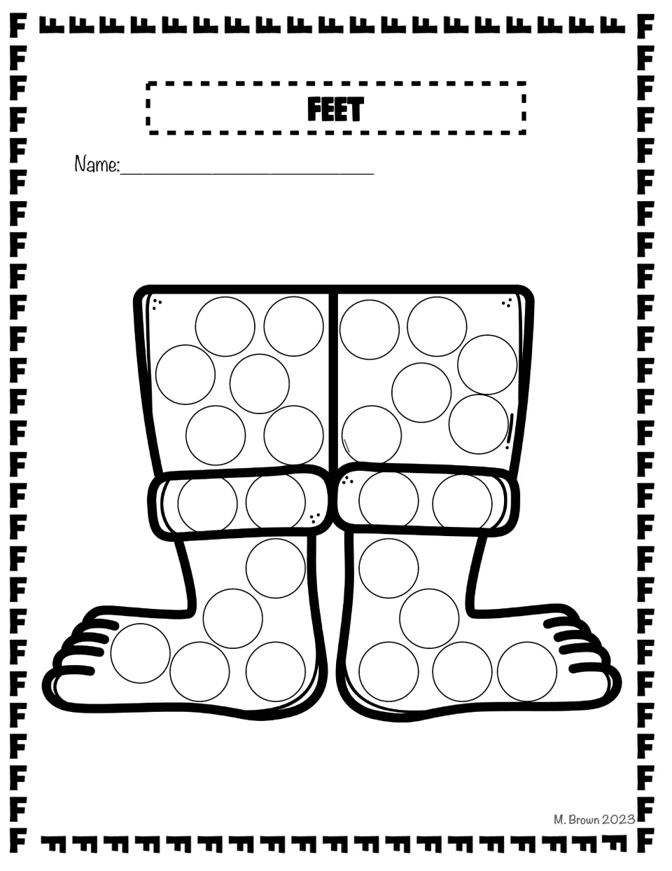 Feet dot page: students fill the circles on a pair of socked feet with toes, dotting the sock cuffs, ankles and soles