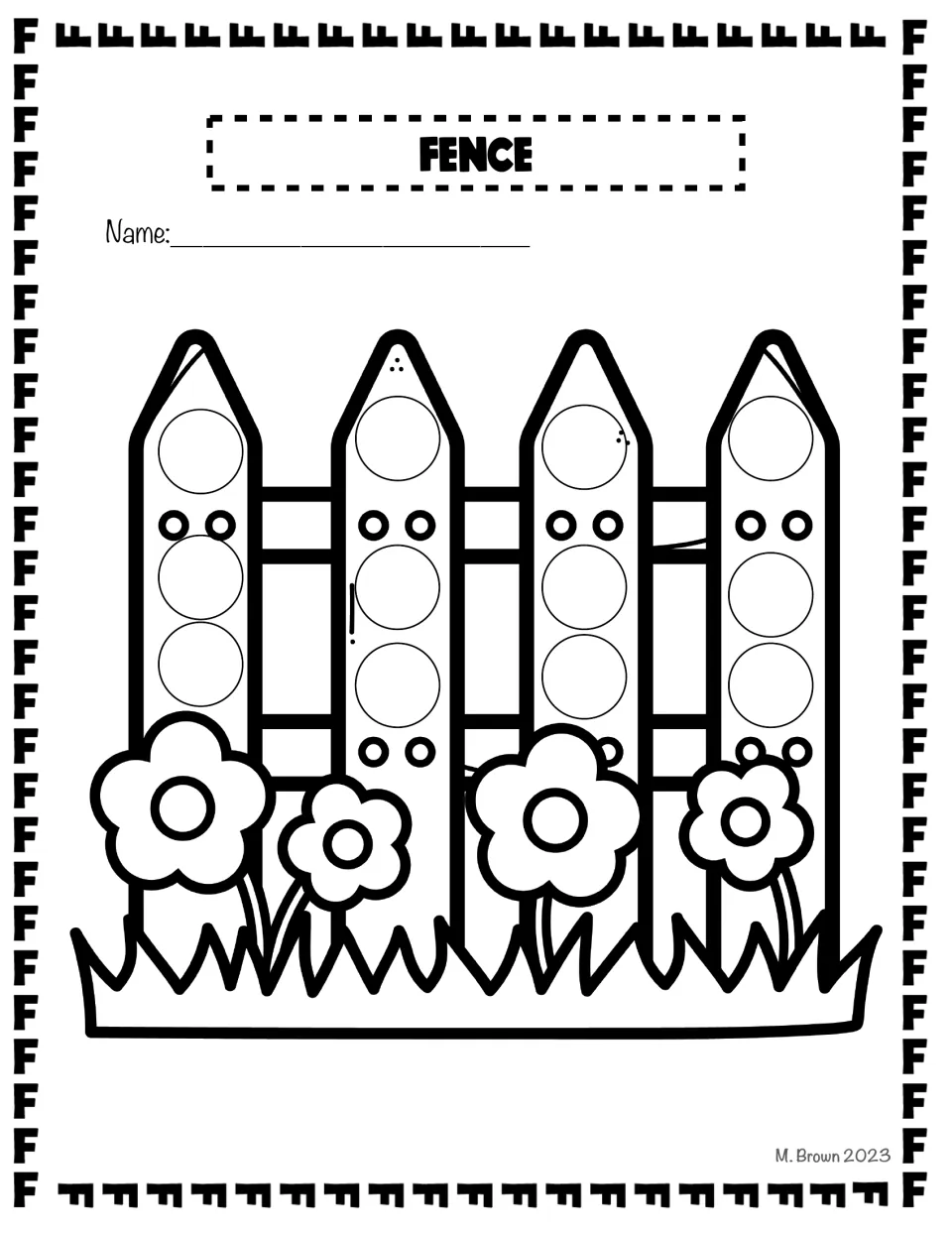 Fence dot page: students dot three circles on each of four picket fence boards standing behind flowers and grass