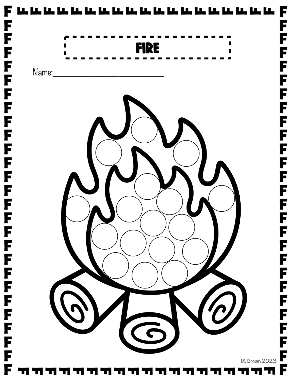 Fire dot page: students stamp dots in the circles that fill the flames of a campfire burning on three logs