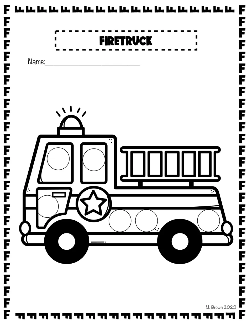 Firetruck dot page: students dot circles in the windows, door and side of a fire truck with a ladder and a siren light