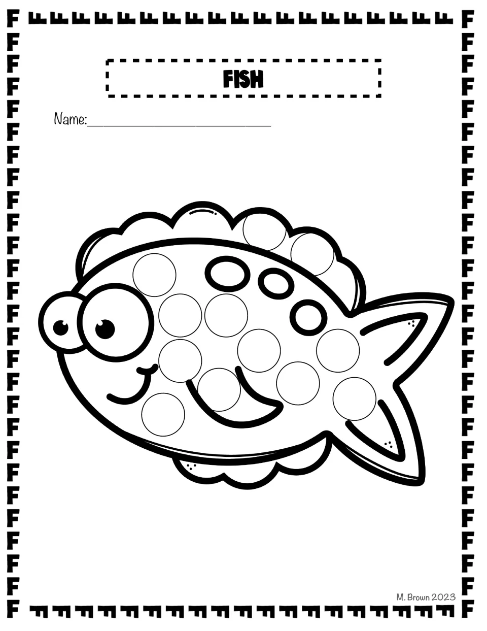 Fish dot page: students dab a dot in each circle on the body and top fin of a smiling, big-eyed cartoon fish