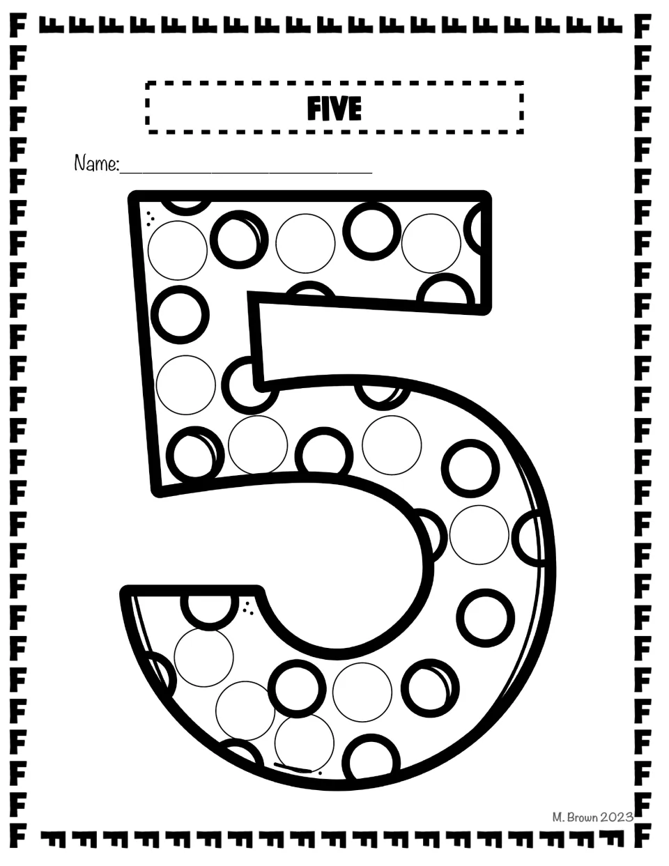 Five dot page: students stamp dots in the open circles inside a large bubble numeral 5, linking the word five to letter F