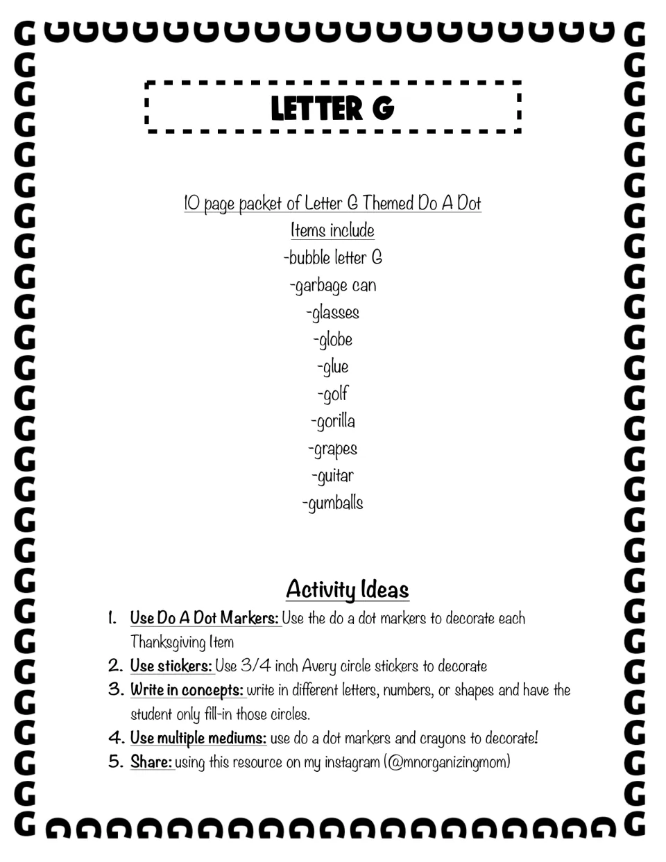 Letter G overview: lists the 10 G pictures (garbage can, glasses, globe, gorilla, grapes and more) plus 5 activity ideas