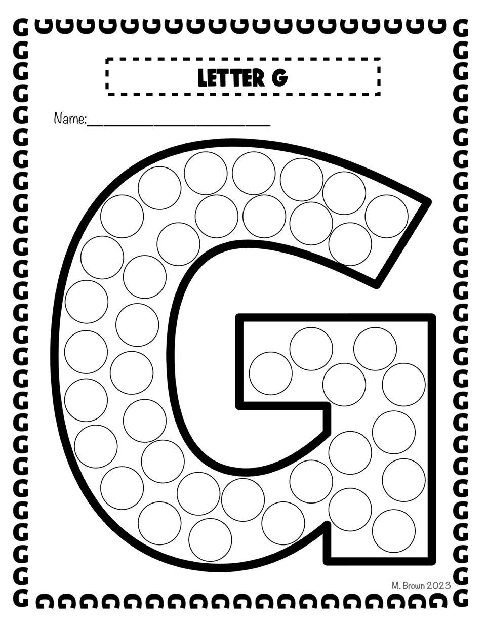 Bubble letter G: students stamp a dot marker in each circle inside the big capital G, following the letter's shape