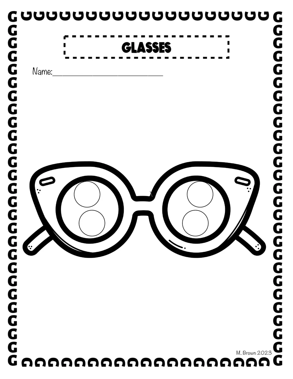 Glasses dot page: students dab two circles inside each lens of a pair of cat-eye glasses, four dots in all